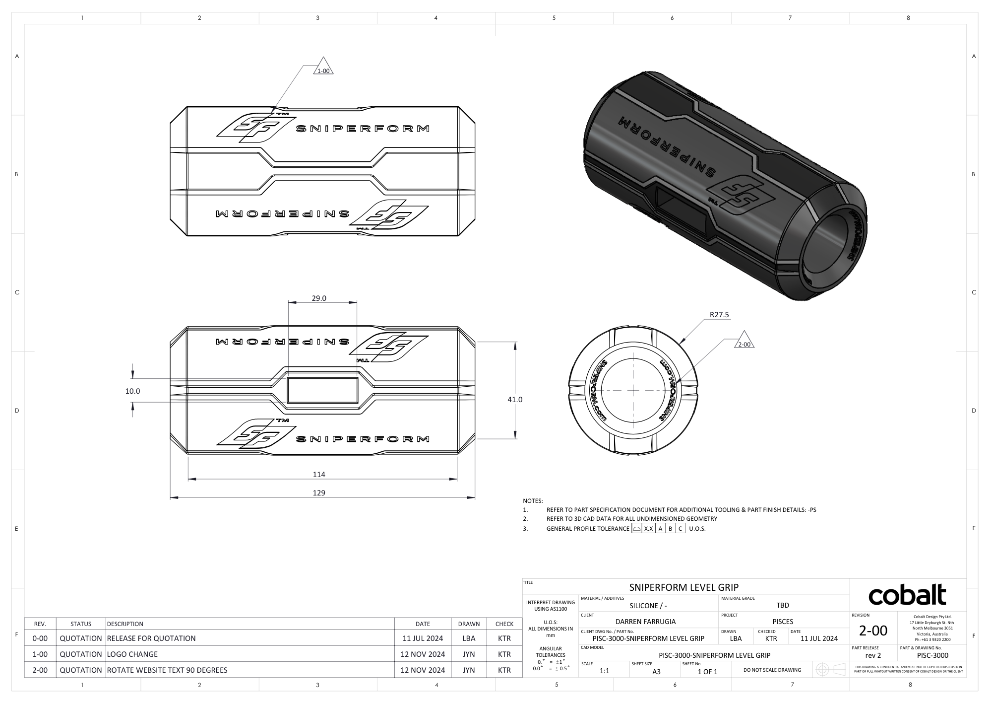 Technical CAD drawing for Sniperform LevelUp grips