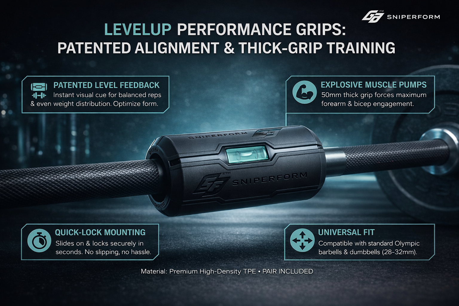 Sniperform feature board showing LevelUp mounted on a barbell